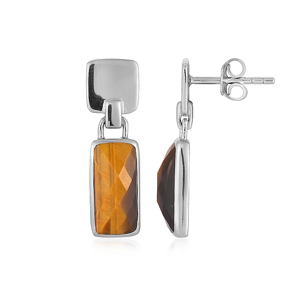 Earstud Tiger's Eye, rectangle (12 x 6mm), 2.2cm, platinum plated