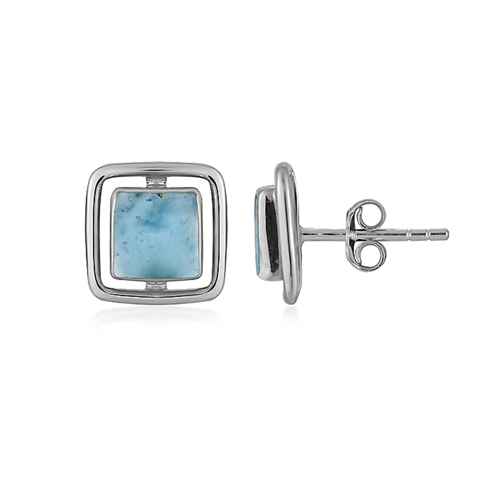 Earstuds Larimar, squares (6 x 6mm), 1.0cm, platinum plated