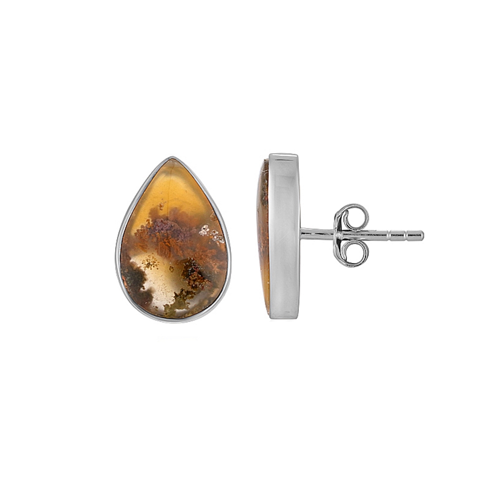 Clous d'oreilles Agate mousse (jaune), goutte (15 x 10mm), 1,6cm, platiné