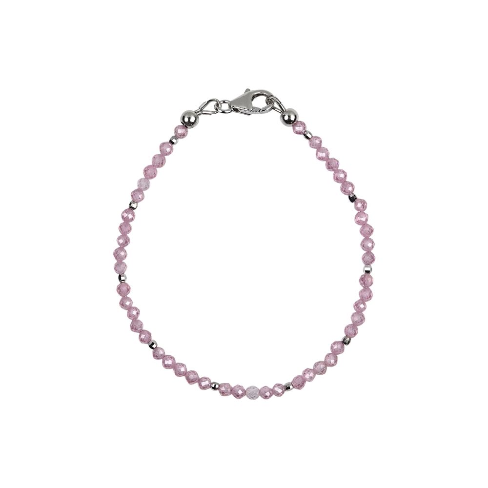Bracciale Zircone cubico (sintetico) rosa, perle sfaccettate da 3 mm, rodiato