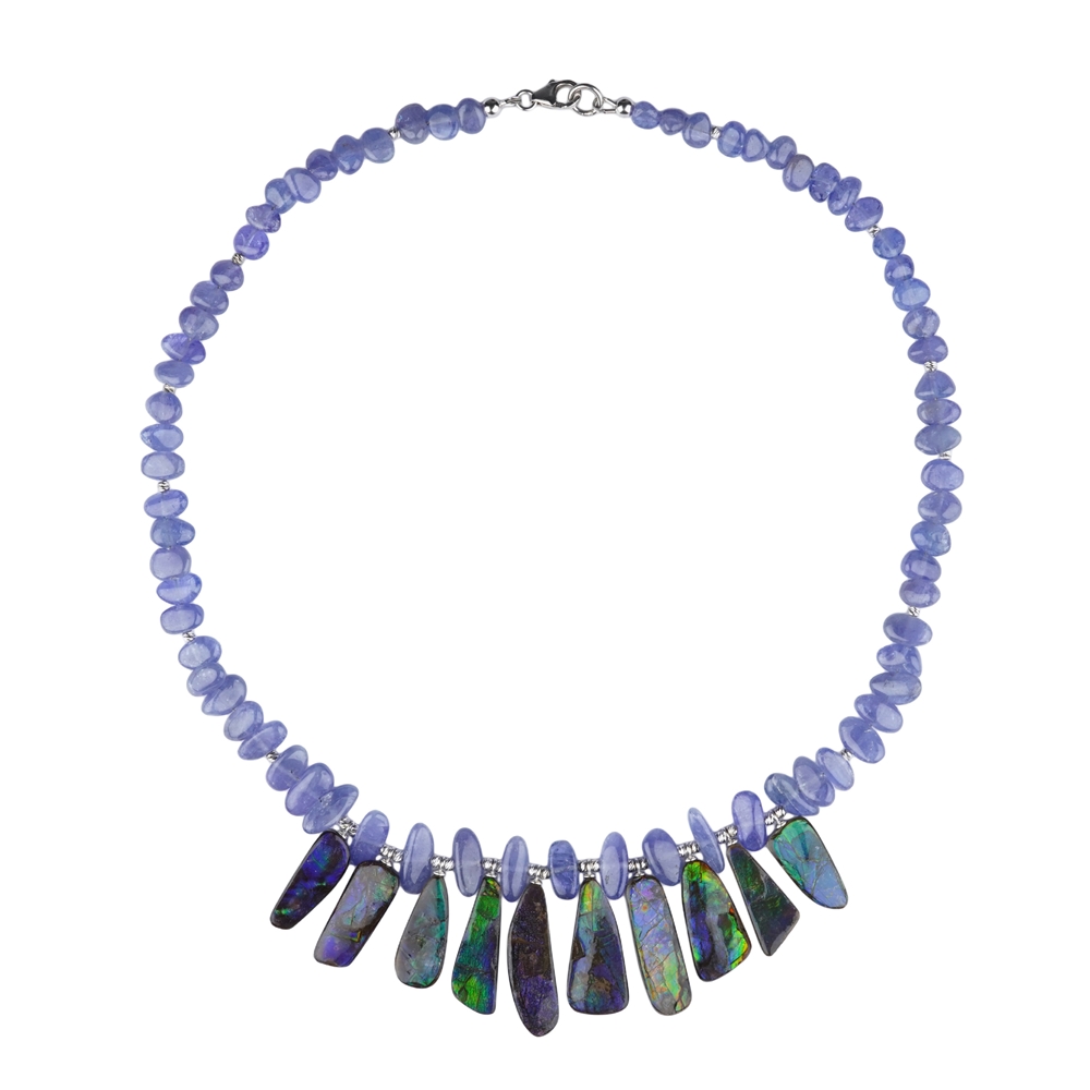 Collana Ammolita, Tanzanite, Pietra burattata piatta, unico 001